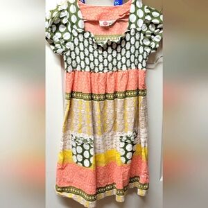 Roxy Kids Sun Dress, Sz M, Coral Green White & Yellow Patterns